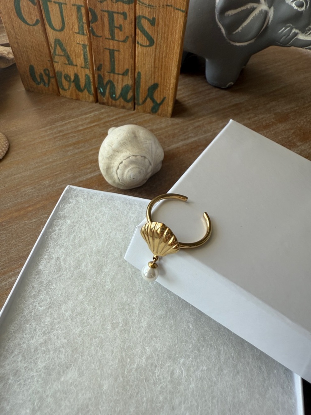 Gold Seashell Pearl Drop Ring - 316 Stainless Steel - Picture 10 of 12